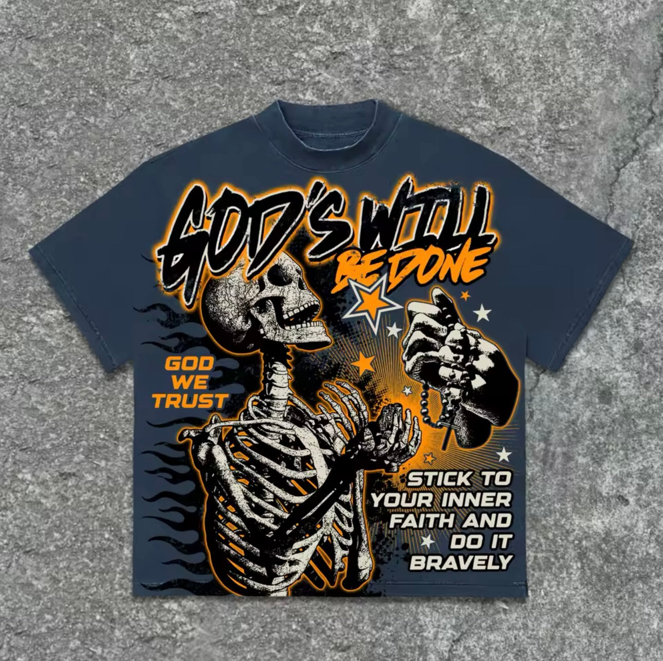 “god’s will be done” skeleton prayer tee