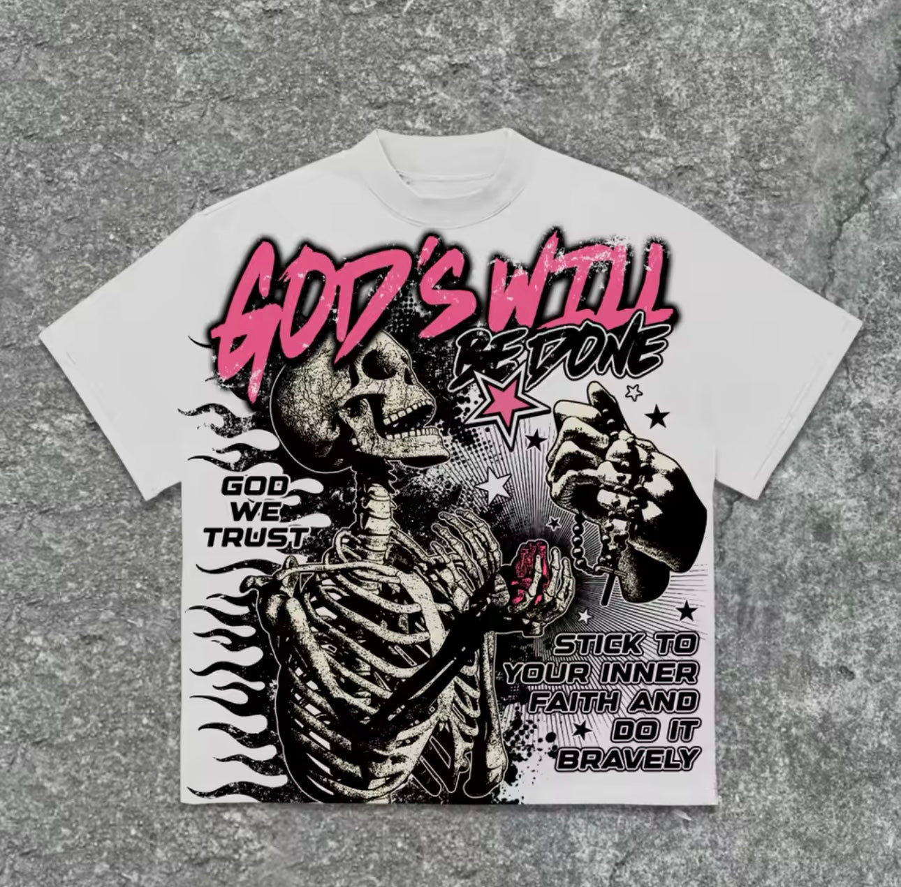 “god’s will be done” skeleton prayer tee