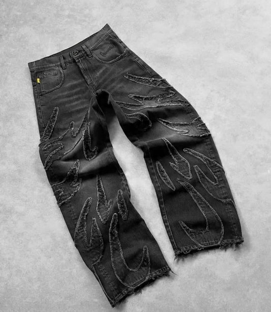 embroidered flame denim