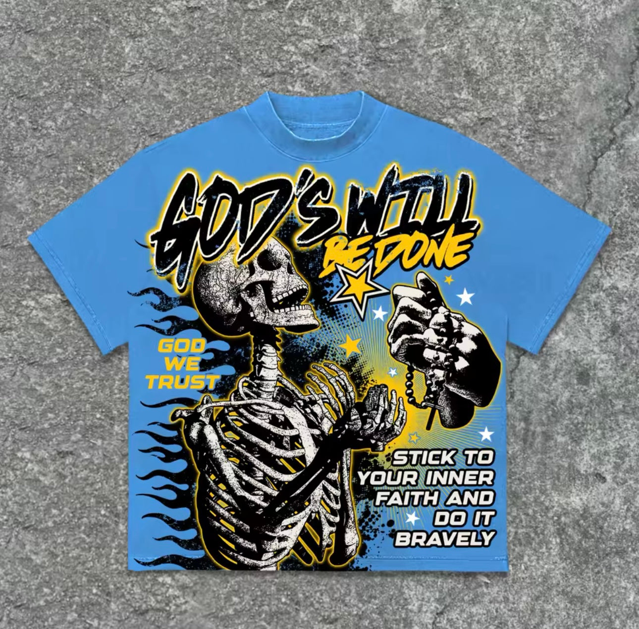 “god’s will be done” skeleton prayer tee